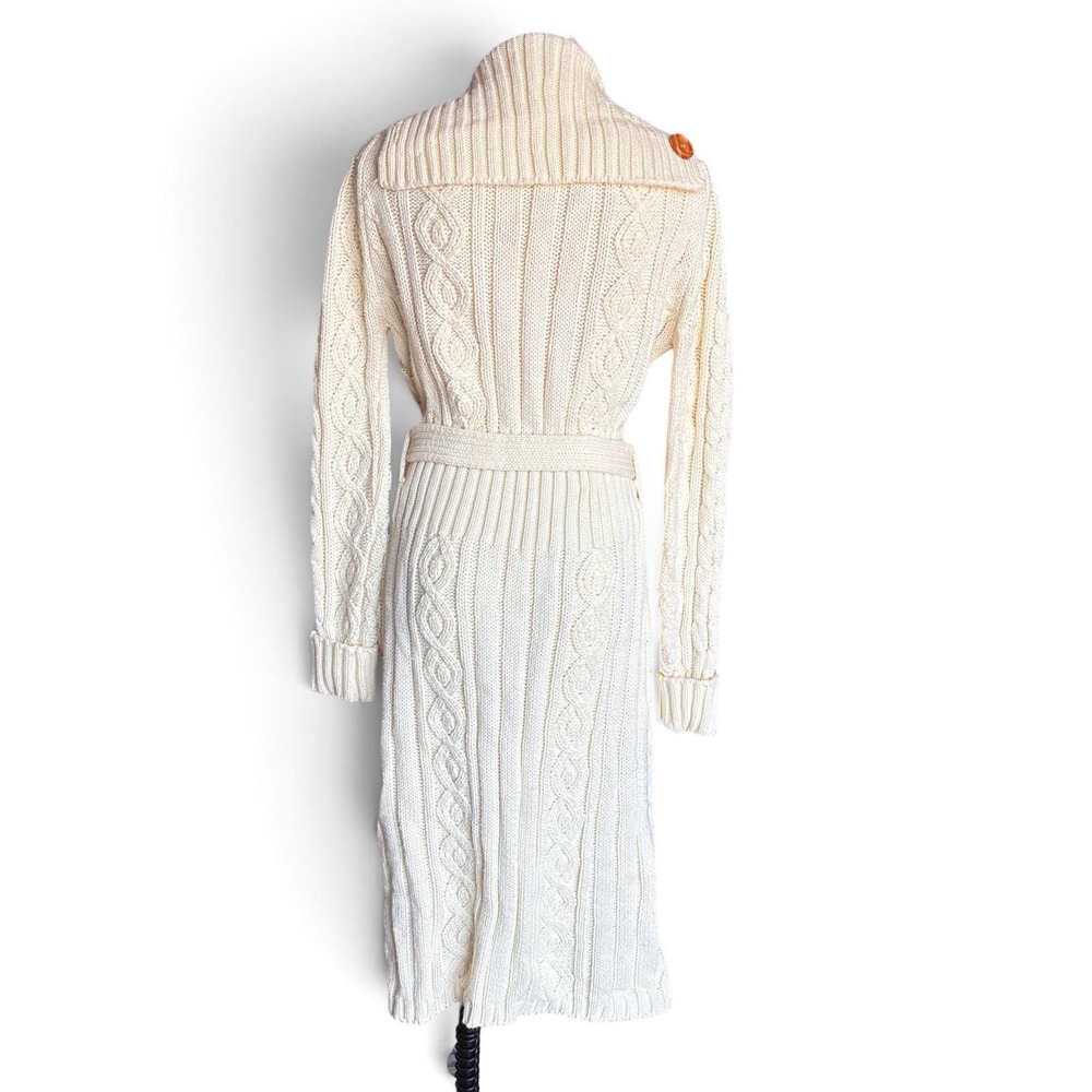 Vintage 70s Longline Cable Knit Sweater Cream Belted Shawl Collar - Picture 7 of 9